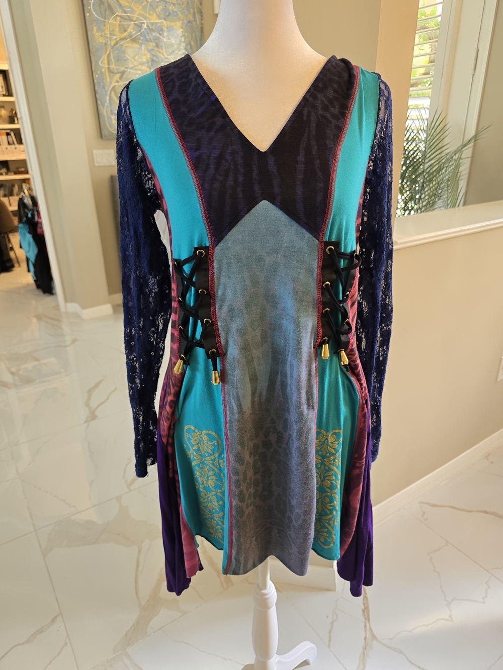 Boho Lace-Up Teal & Navy Long Sleeve Dress